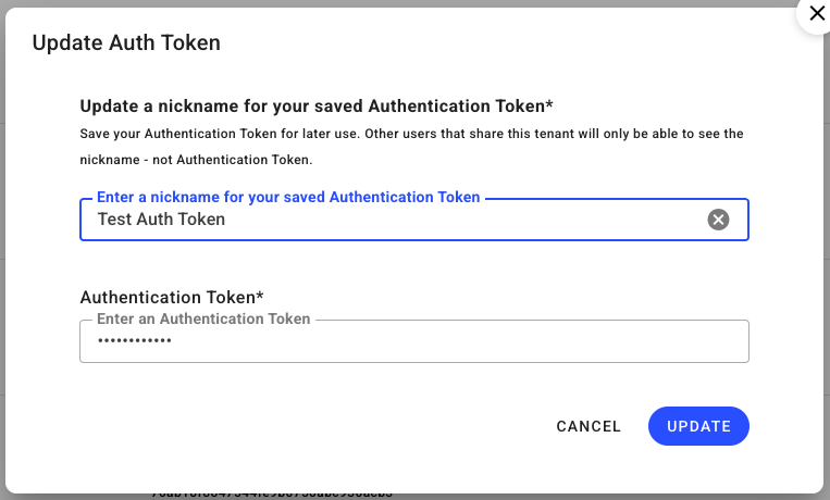 Update Authentication Token form with fields for nickname and token entry.